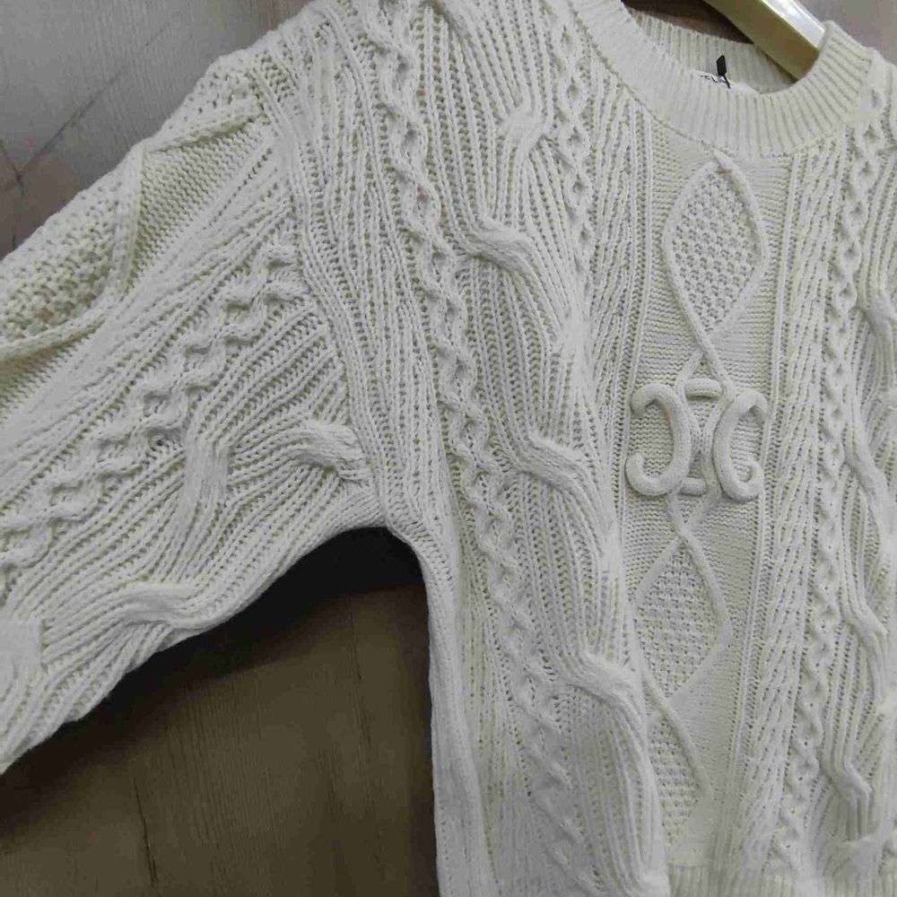 NWT Celine Cable Knit Sweater Ivory | Triomphe Logo Crewneck - Picture 3 of 6